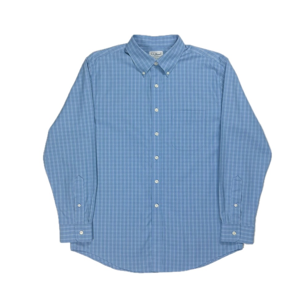 LL Bean light blue check plaid slightly fitted oxford shirt mens 15 1/2 - 32